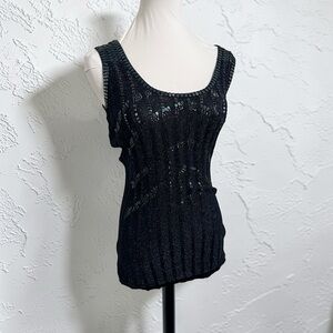 Vintage Navy Beaded Knit Tank Top Sheer Y2K Minimal Glam Sleeveless S